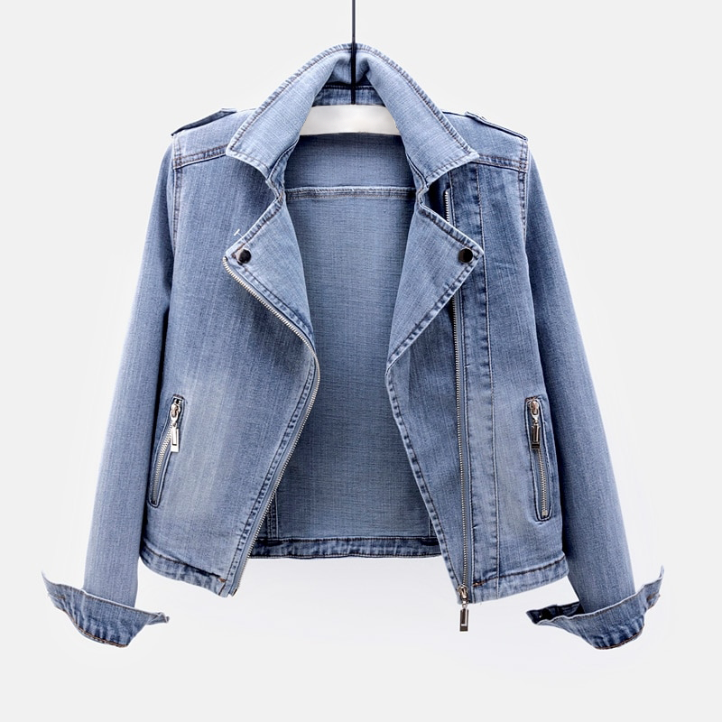 Damen Jeansjacke Klassisch Locker Reißverschluss - BerlinGlamour