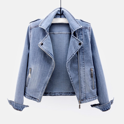 Damen Jeansjacke Klassisch Locker Reißverschluss - BerlinGlamour