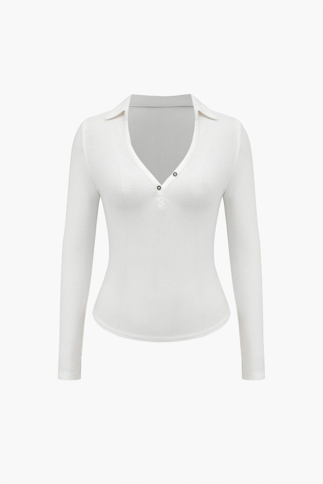 Elegantes Langarm Poloshirt Figurbetont V-Ausschnitt - BerlinGlamour