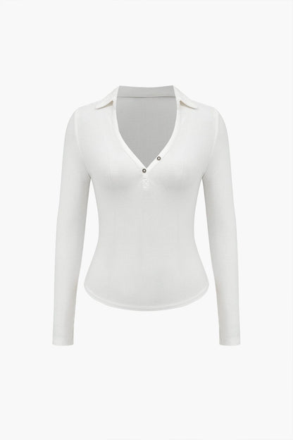Elegantes Langarm Poloshirt Figurbetont V-Ausschnitt - BerlinGlamour