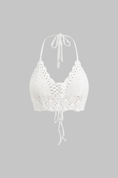 Boho Top Weiß Handgehäkeltes Crop Top mit Bindebändern Frauen - BerlinGlamour