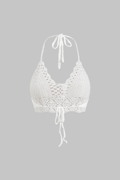 Boho Top Weiß Handgehäkeltes Crop Top mit Bindebändern Frauen