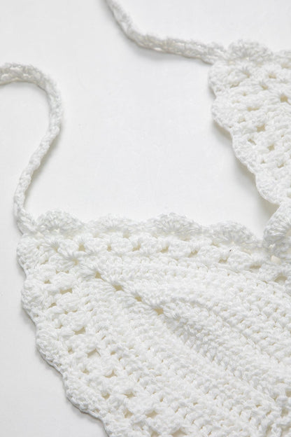 Boho Top Weiß Handgehäkeltes Crop Top mit Bindebändern Frauen