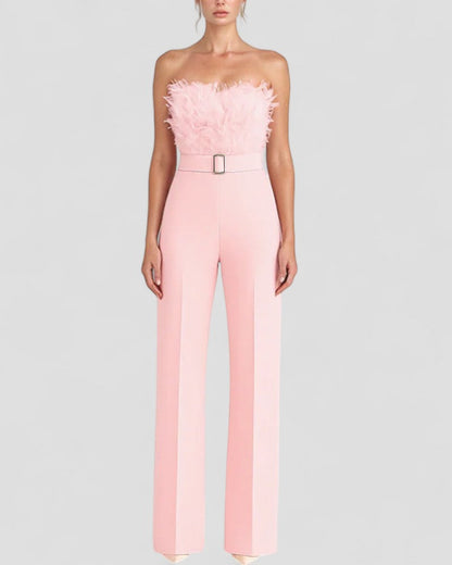 Trägerloser Abend-Jumpsuit mit Federdetail 6
