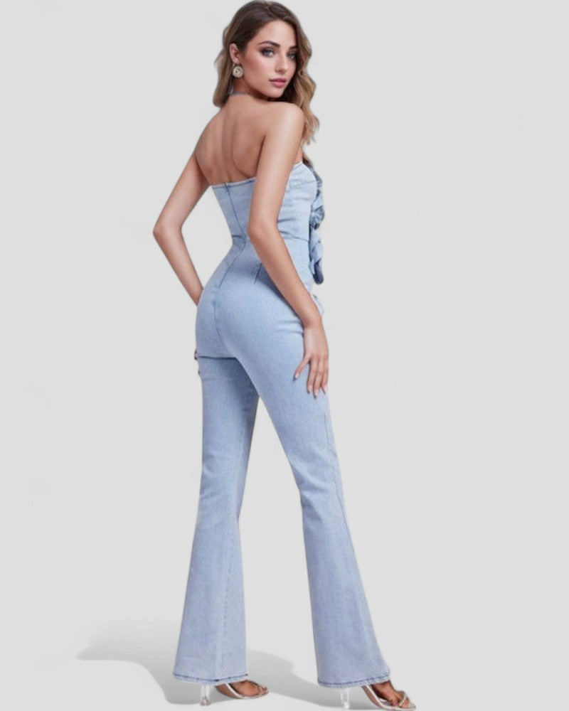 Trägerloser Jeans-Jumpsuit für Damen mit 3D-Blumenapplikationen 1