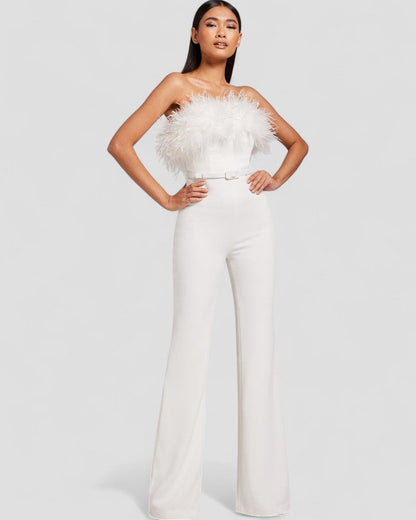 Trägerloser Samt-Jumpsuit mit weitem Bein und Federbesatz für Damen 0