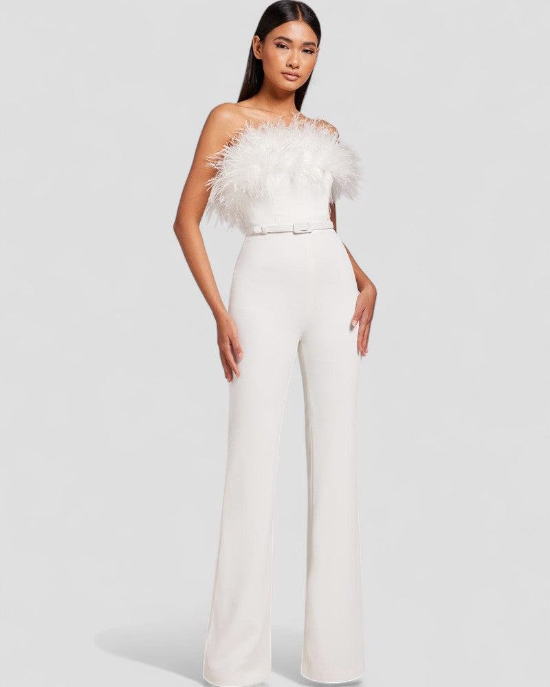 Trägerloser Samt-Jumpsuit mit weitem Bein und Federbesatz für Damen 3