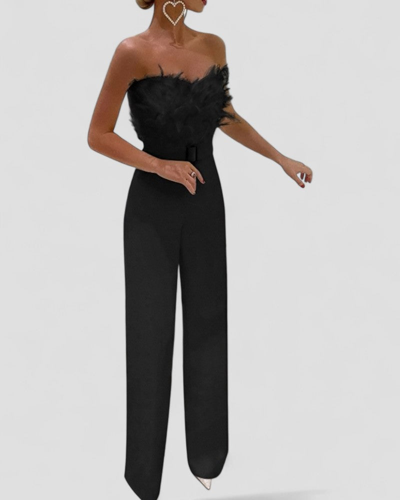 Trägerloser Samt-Jumpsuit mit weitem Bein und Federbesatz für Damen 4