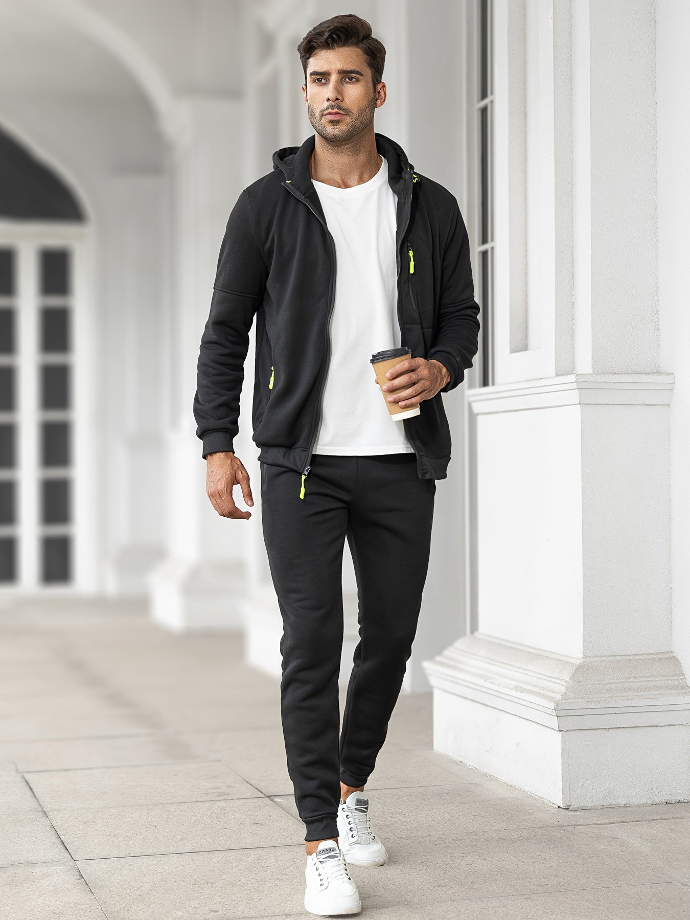 Trainingsanzug | Casual | Zip-Up | Kapuzenpulli und Sweatpants Set | Jogginganzug für Männer-Schwarz-S(46)-Chaps Herrenmode