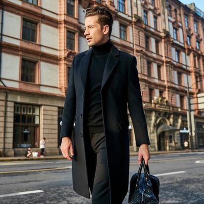 Langer Herren Trenchcoat Wolle Schwarz Elegant - BerlinGlamour