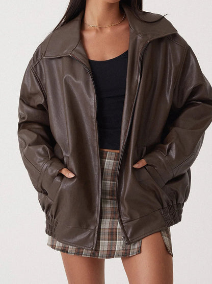 Übergroße Lederjacke – Kunstleder – Reißverschluss – Leder-Bomberjacke – Damen-Lederjacke-Braun-S-Chaps Herrenmode