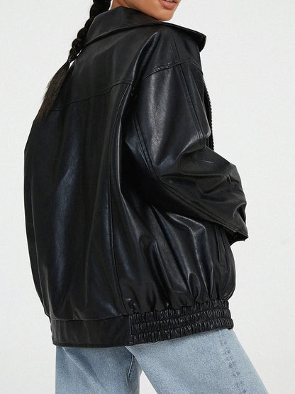 Übergroße Lederjacke – Kunstleder – Reißverschluss – Leder-Bomberjacke – Damen-Lederjacke-Schwarz-S-Chaps Herrenmode