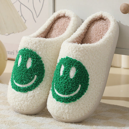Pelzpantoffel mit grünem Smiley-Design