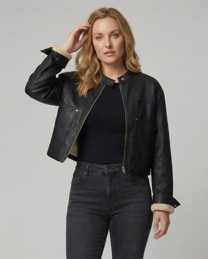 Kunstleder-Blouson Vegan Reißverschluss Stehkragen Style - BerlinGlamour
