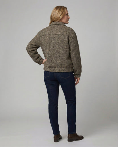 Weite Wollblouson Fischgratmuster Reißverschluss Elastisch