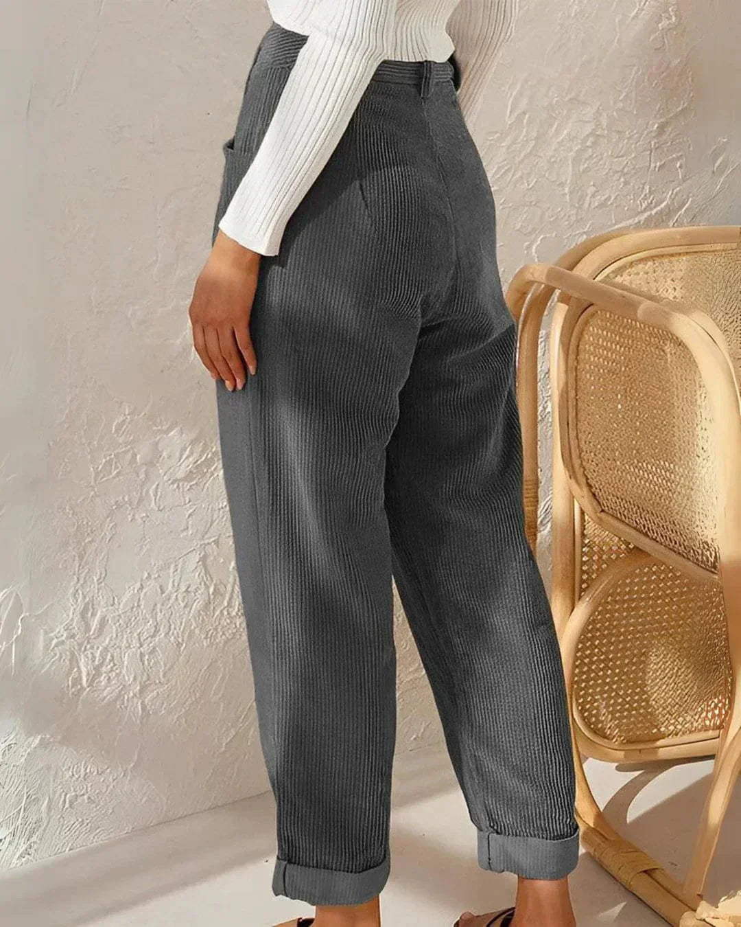 Damen Cordhosen High Waist Elegant Schwarz