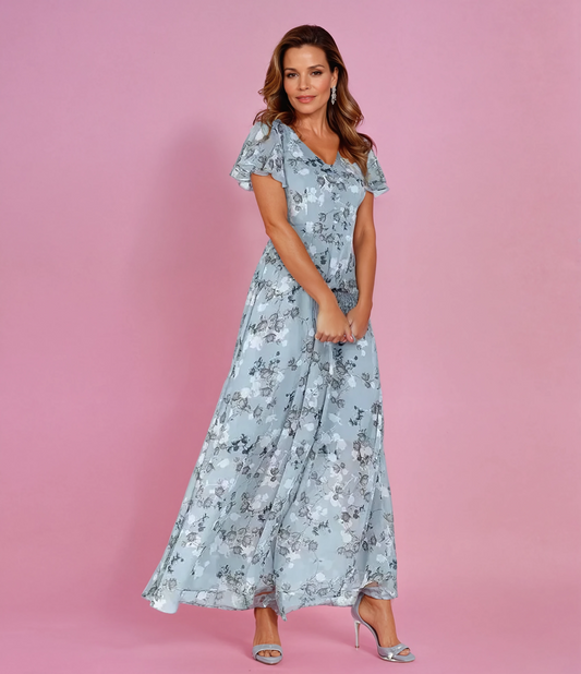 Elegantes Maxikleid V-Ausschnitt Blumenmuster Sommer - BerlinGlamour