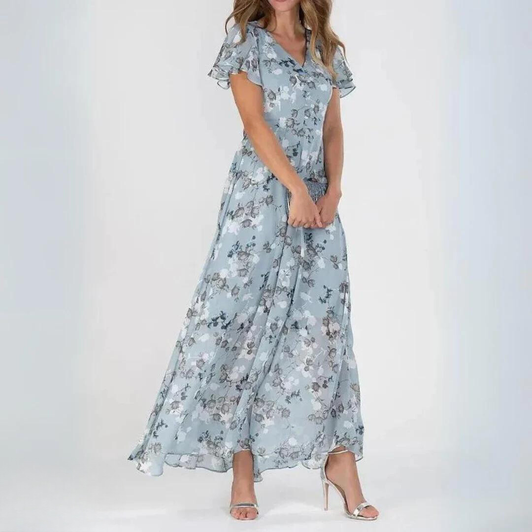 Elegantes Maxikleid V-Ausschnitt Blumenmuster Sommer
