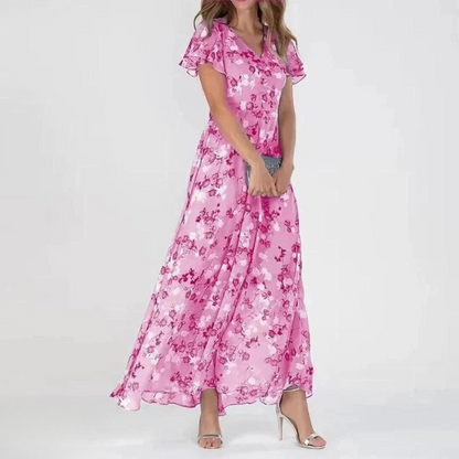 Elegantes Maxikleid V-Ausschnitt Blumenmuster Sommer