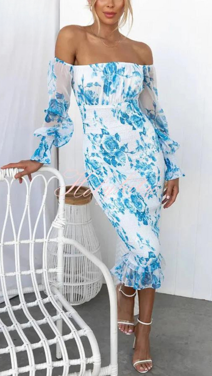 Rosa Midikleid mit Blumenprint Sommerkleid Damen Bodycon
