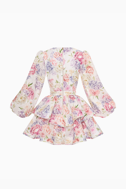 Sommerkleid Damen Blumenmuster Puffärmel V-Ausschnitt