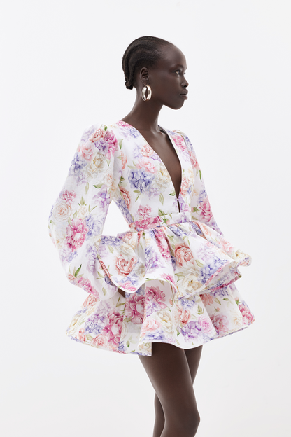 Sommerkleid Damen Blumenmuster Puffärmel V-Ausschnitt