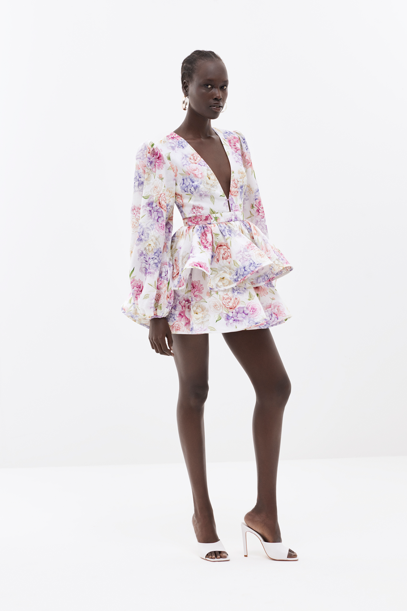 Sommerkleid Damen Blumenmuster Puffärmel V-Ausschnitt