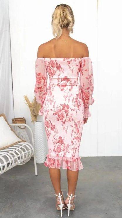 Rosa Midikleid mit Blumenprint Sommerkleid Damen Bodycon