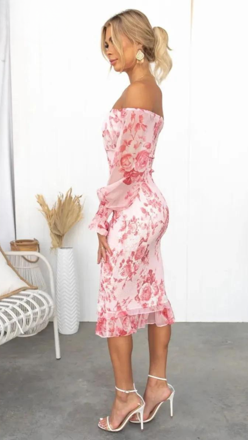 Rosa Midikleid mit Blumenprint Sommerkleid Damen Bodycon