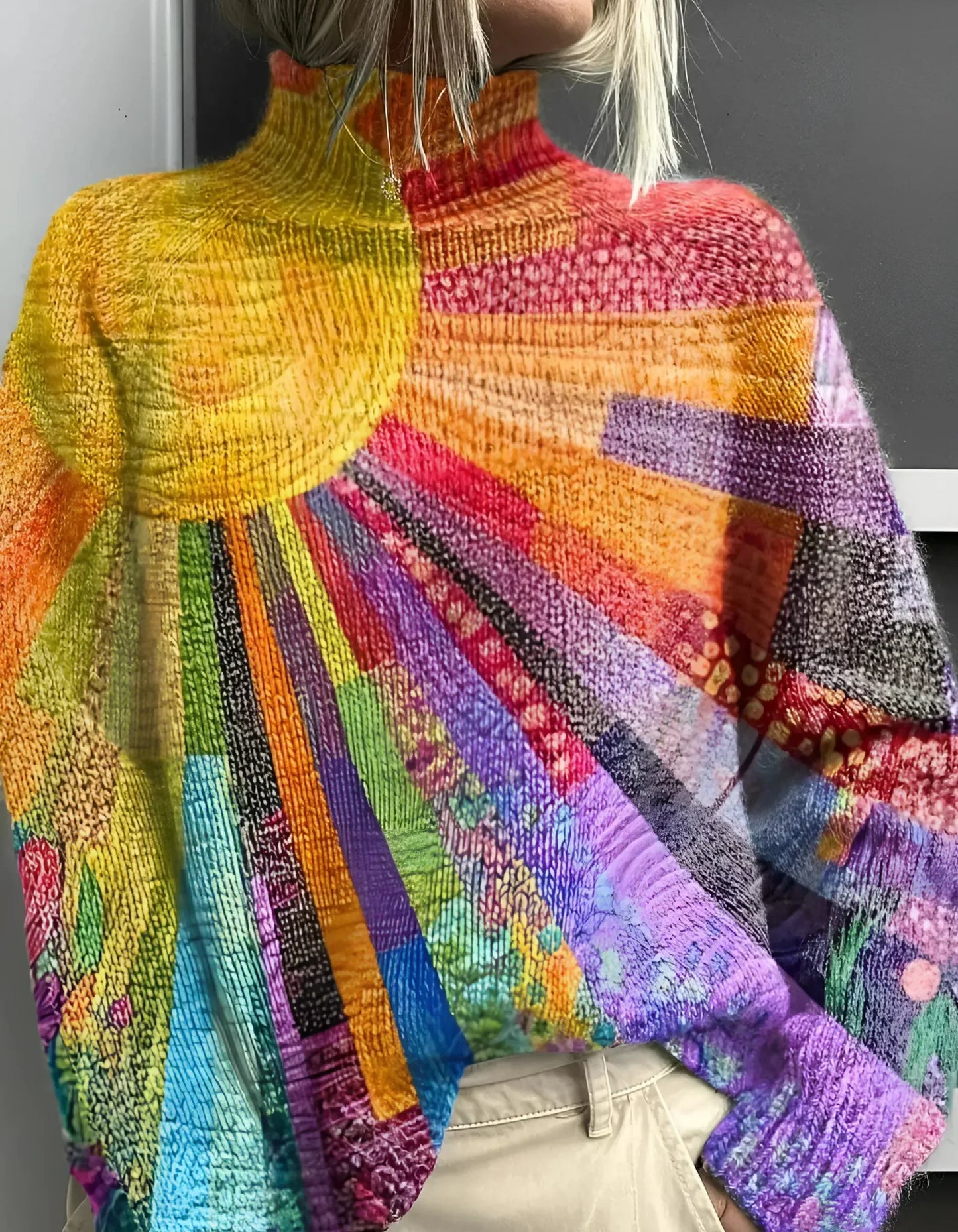 Damen Pullover Bunt Muster Hochkragen - BerlinGlamour