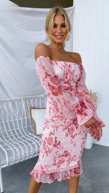 Rosa Midikleid mit Blumenprint Sommerkleid Damen Bodycon