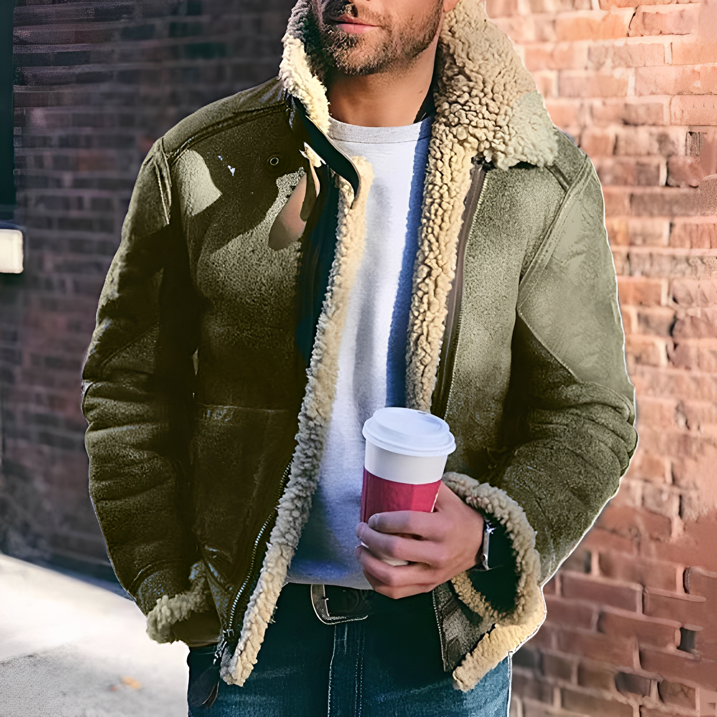 Herren Jacke Lederimitat Breiter Revers Modern