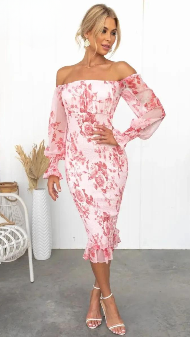 Rosa Midikleid mit Blumenprint Sommerkleid Damen Bodycon - BerlinGlamour