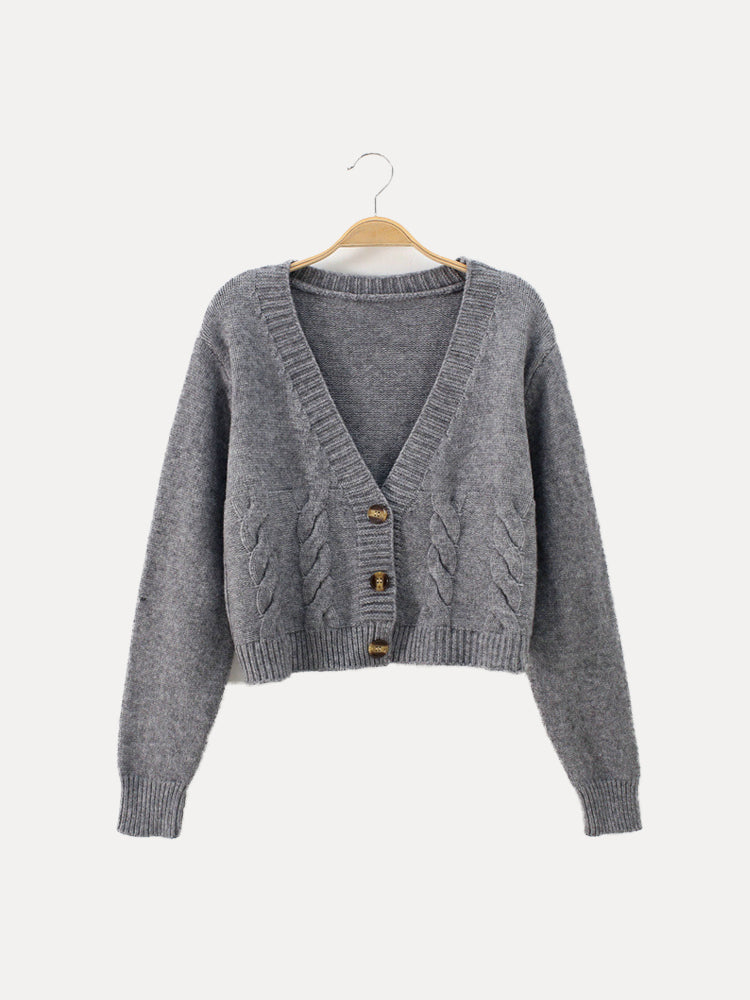 Damen Strickjacke Zopfmuster V-Ausschnitt Knöpfe - BerlinGlamour