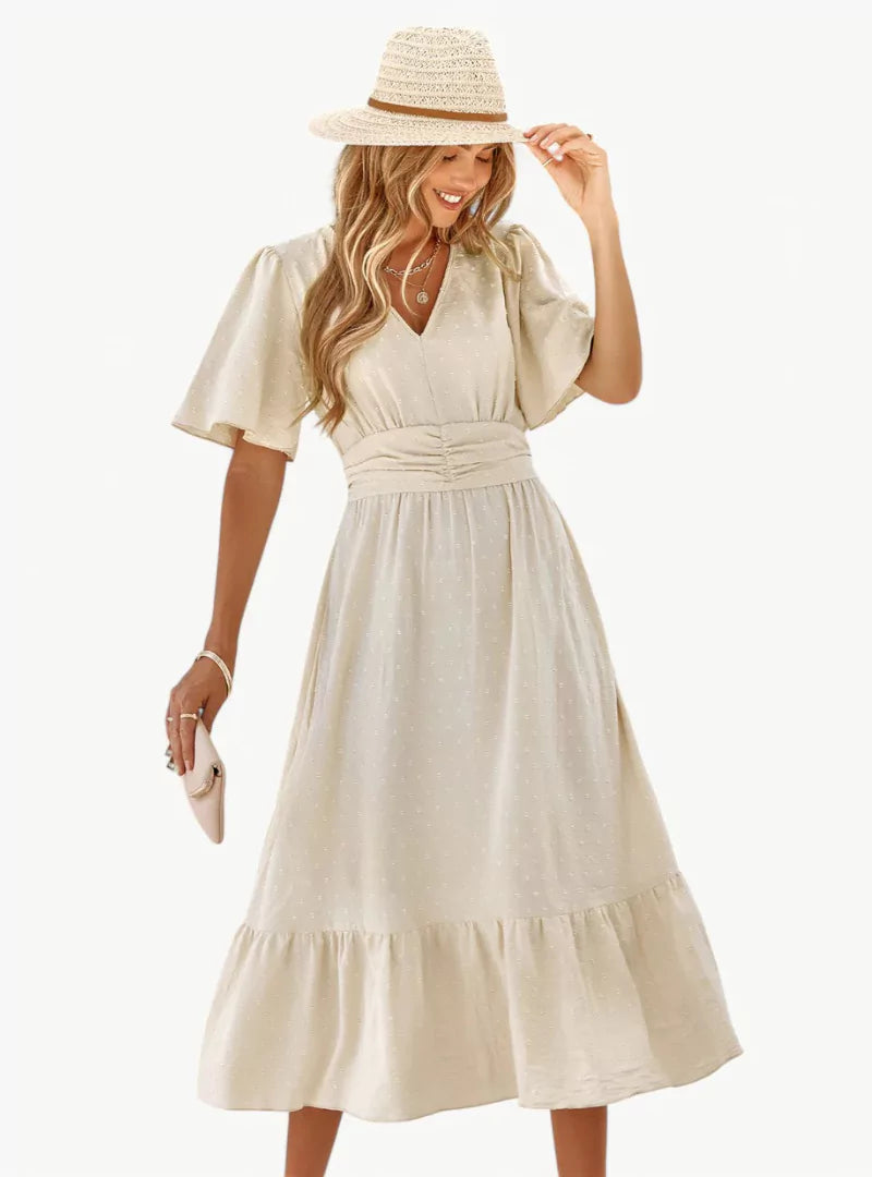 Feminines Sommerkleid Midi mit V-Ausschnitt und Taillenbetonung