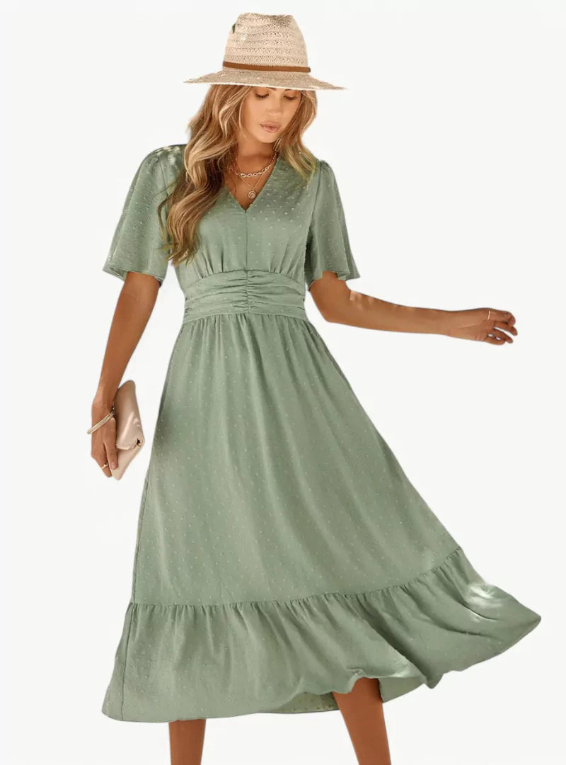 Feminines Sommerkleid Midi mit V-Ausschnitt und Taillenbetonung