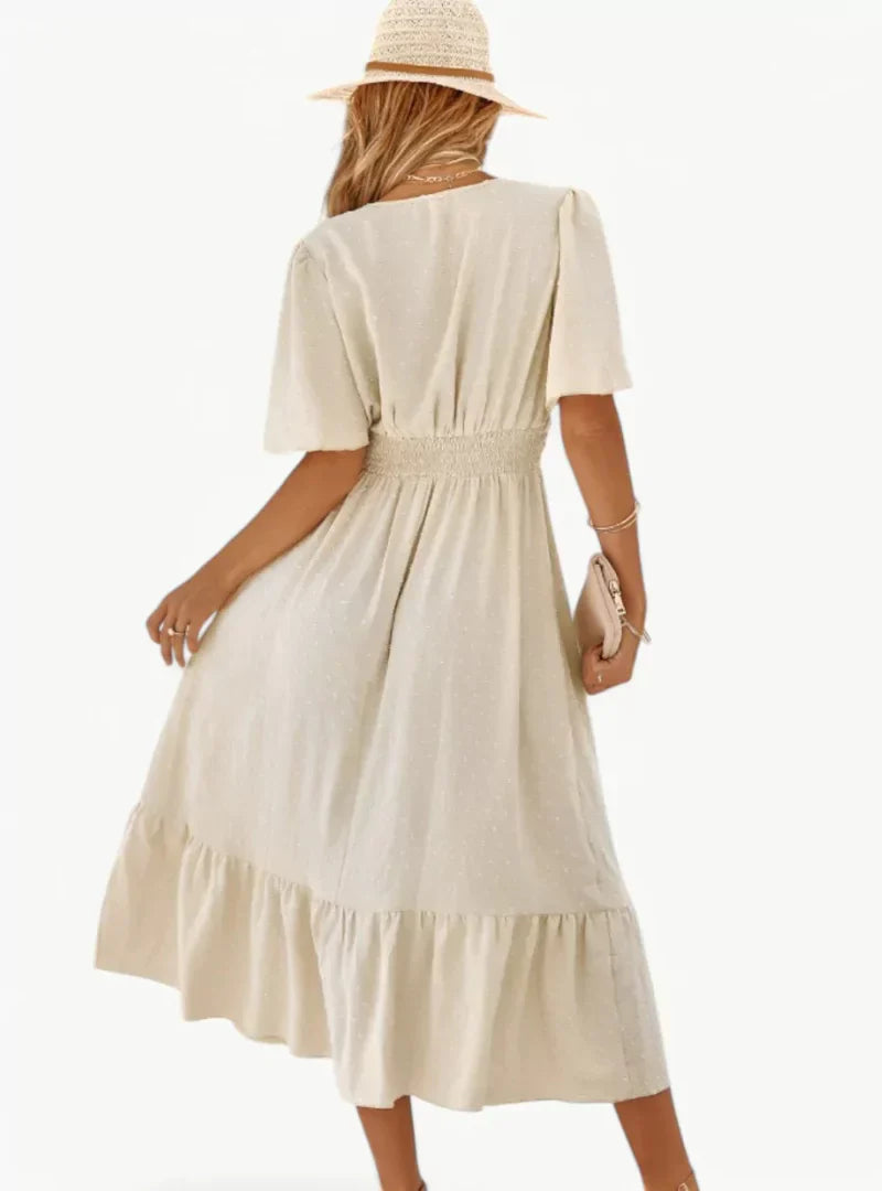 Feminines Sommerkleid Midi mit V-Ausschnitt und Taillenbetonung