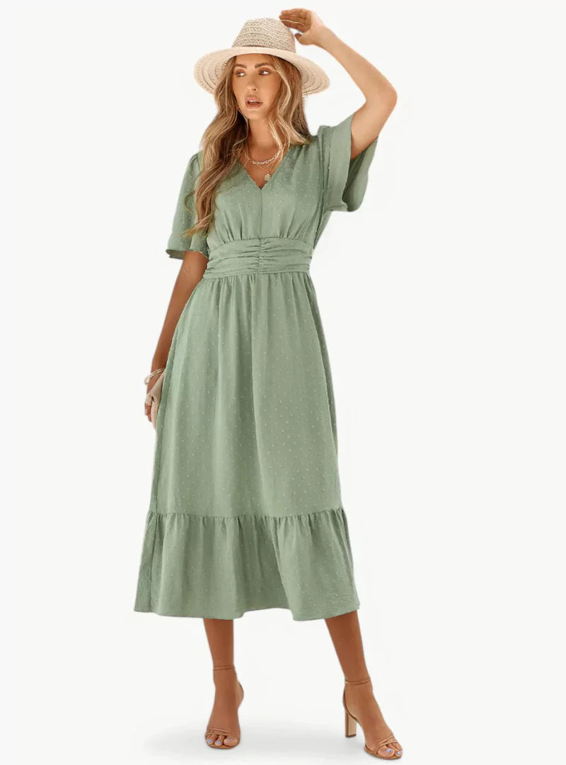 Feminines Sommerkleid Midi mit V-Ausschnitt und Taillenbetonung