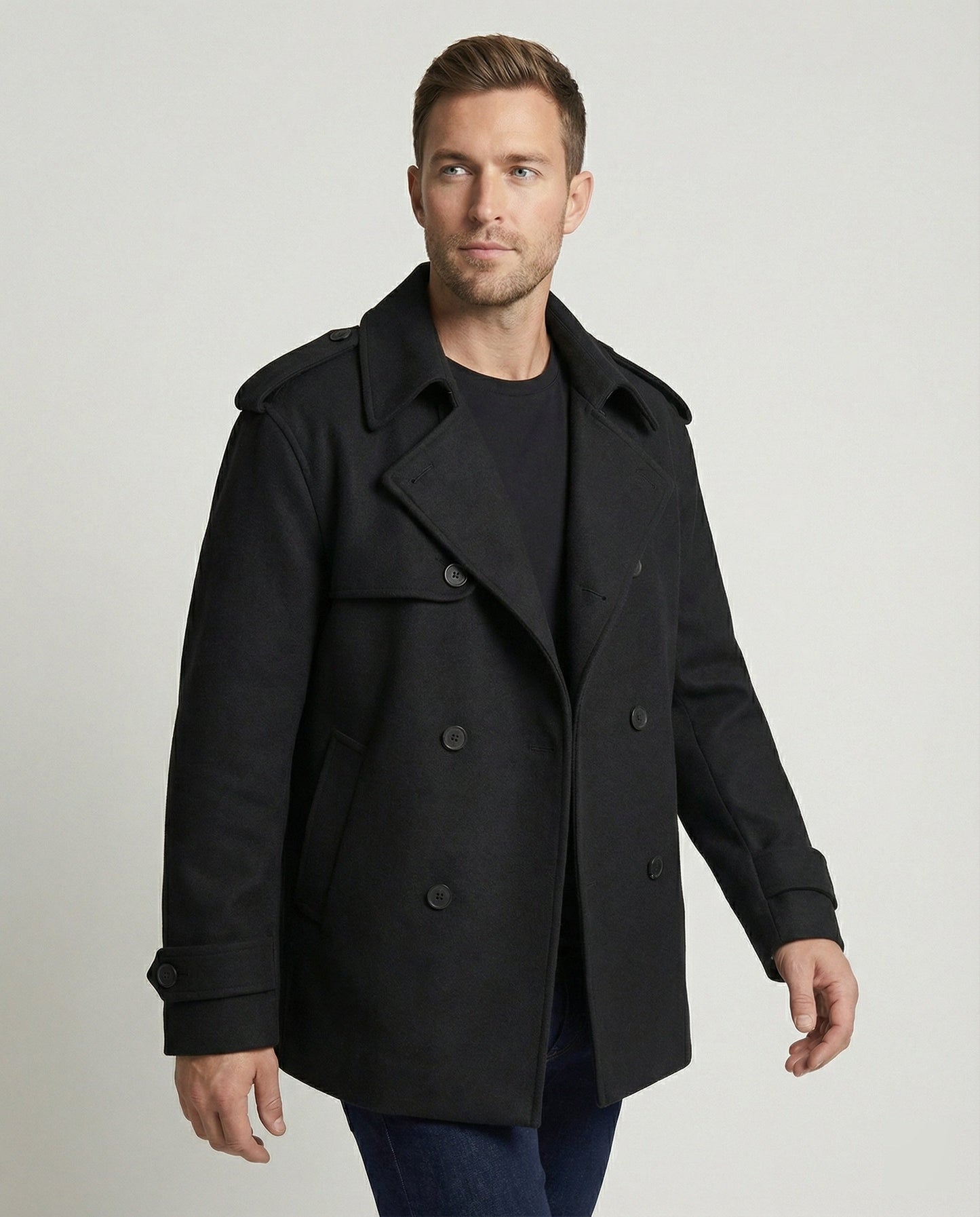 Herren Kurzmantel Schwarz Doppelreiher Slimfit Jacke Modern - BerlinGlamour