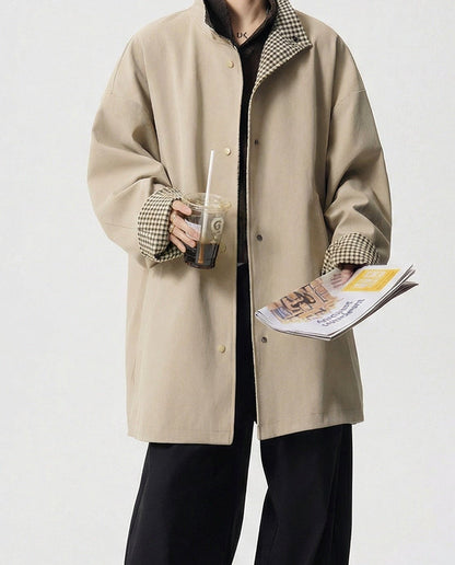 Herren Trenchcoat Mittellang Khaki Lockerer Schnitt Herrenmantel
