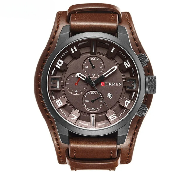 Herren Armbanduhr Chronograph Leder Schwarz Elegent