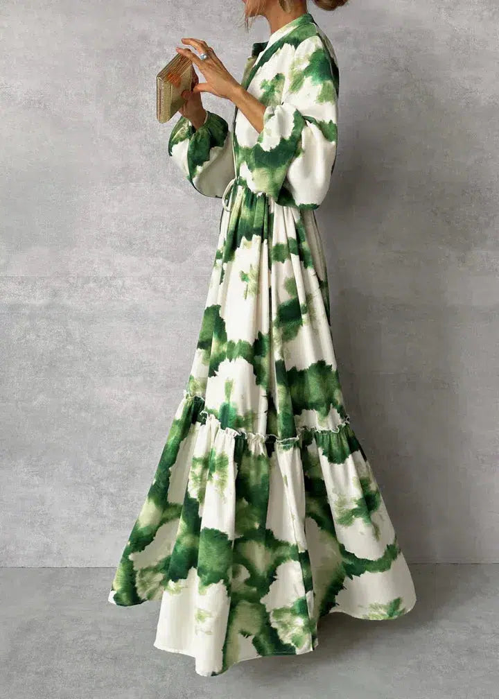 Langes Maxikleid Marivelle mit V-Ausschnitt und Volantrock – Rückansicht