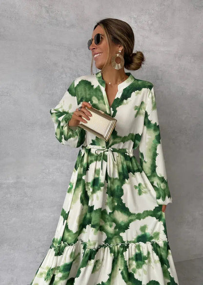 Elegantes Maxikleid Mit V-Ausschnitt Langarm Fließend - BerlinGlamour