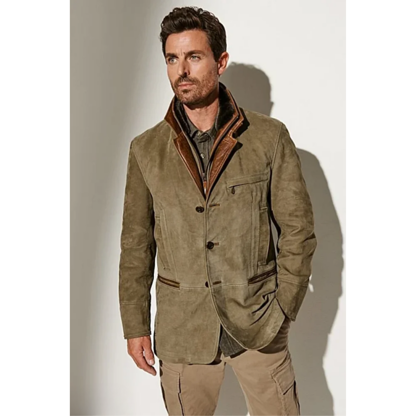 Herren Wildlederjacke mit Reißverschluss und Knöpfen Lederjacke Vintage - BerlinGlamour