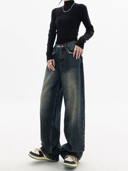 Hohe Damen-Jeans mit Weitem Bein und Hochgeschnittenem Bund