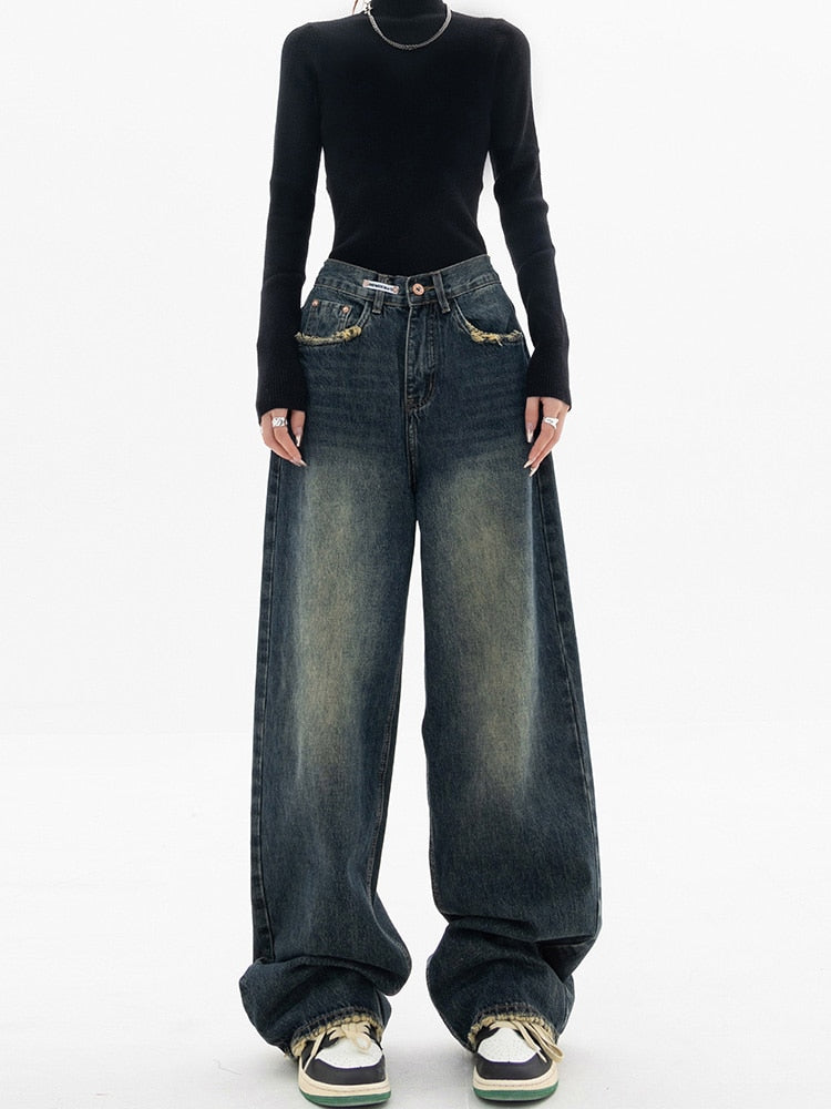 Hohe Damen-Jeans mit Weitem Bein und Hochgeschnittenem Bund