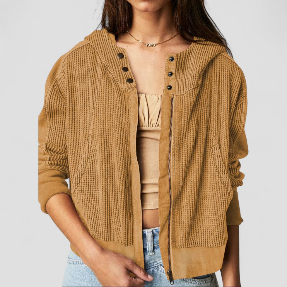 VogeLuxe | Damen-Hoodie mit durchgehendem Reißverschluss und Waffelmuster 0