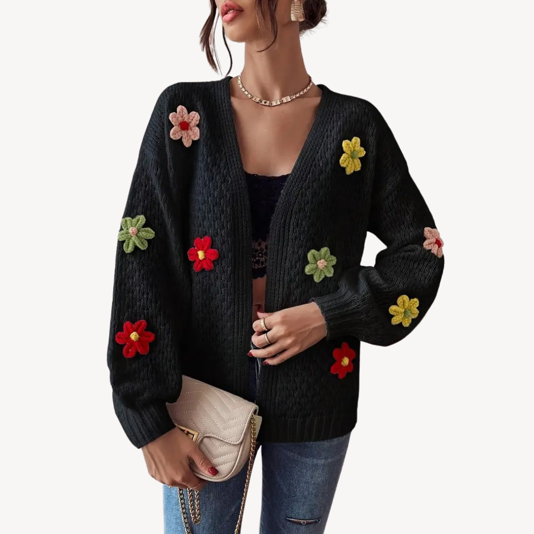 VogeLuxe | Damen-Strickjacke mit Blumenmuster und Knöpfen 0