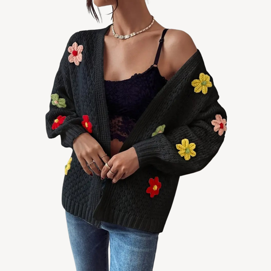 VogeLuxe | Damen-Strickjacke mit Blumenmuster und Knöpfen 1