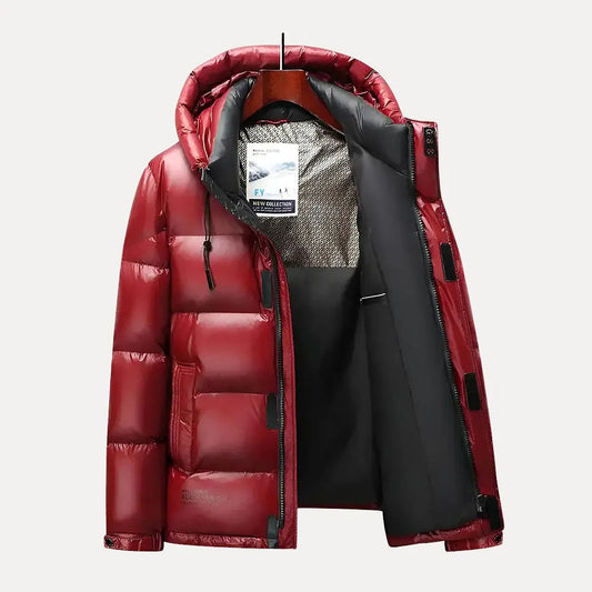 VogeLuxe | Glänzende, gefütterte Herren-Steppjacke mit Kapuze 0